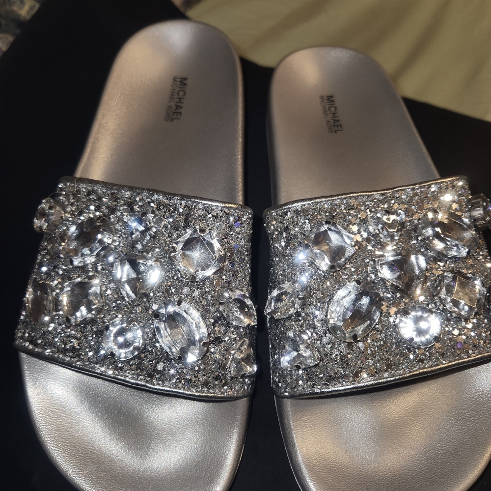 Michael Kors bling silver slides. Size 8 Brand new, never worn